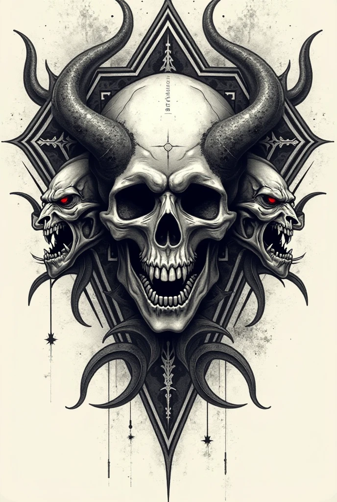 Black and white illustration of a skull with horns and a skull, Decorated with demon skulls, Highly detailed dark art, Fantasy Skull, Rock band skull design, Skull Tattoo, Transforming Skull, 3D designs for tattoos, With animal skulls for heads, Intricate devilish design, Sacred Skull, Gothic Tattoo, wearing a skull crown