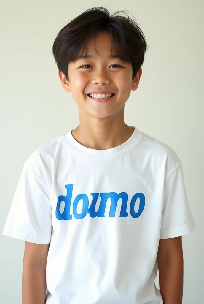 An 8-year-old boy stands in the sun smiling,Behind it is a large HP logo