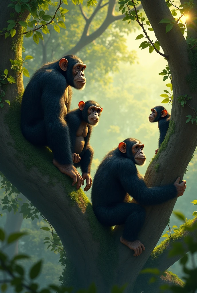 Three chimpanzees in a tree the picture should be 2048 x 1152 - SeaArt AI