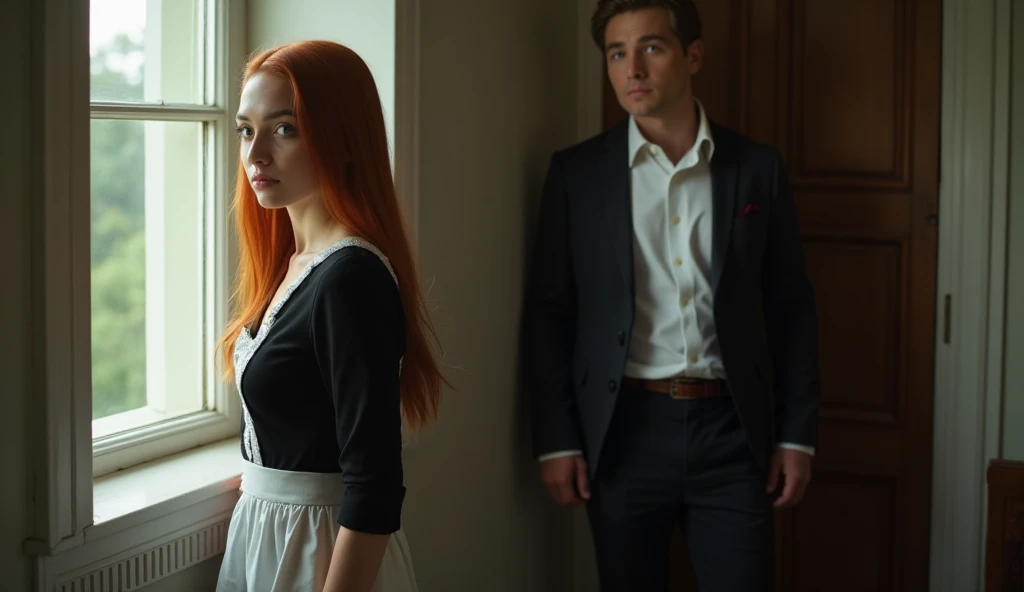 " Creates a girl and a boy with their backs turned, looking at each other with hatred. The girl has long wavy white hair. He is wearing a white shirt, wine red tie, wine red dress jacket. The boy has dark red hair that is somewhat messy.. He is wearing a white shirt, A loose wine red cobarta. The light hits him from behind. digital illustration " That was the description I made and these are the results
