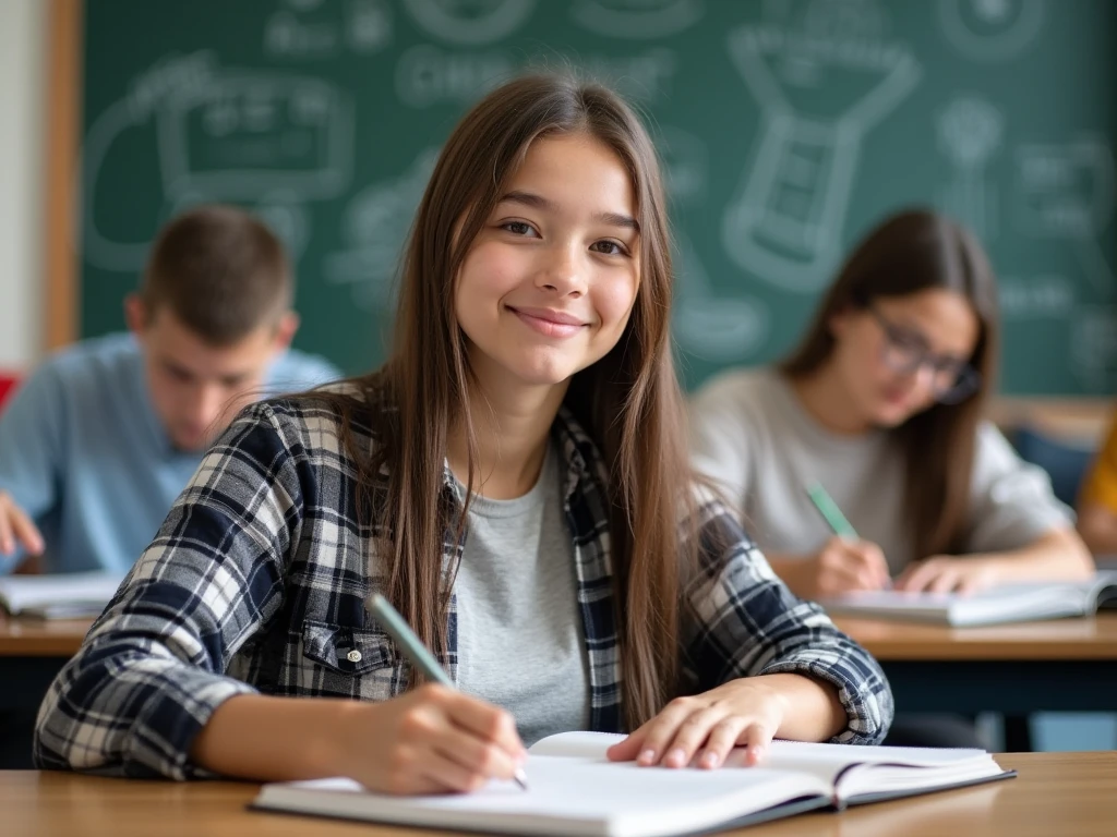 une fille 18ans seulement, peau blanche, brune cheveux longs, yeux marrons, hypoplasie, pas de seins, taille 1m68, jambes fines, ventre plat, shoulders, debout, dans la salle de classe, tout le corps, face aux students, sur l estrande, au tableau, court, school, monde, students 
