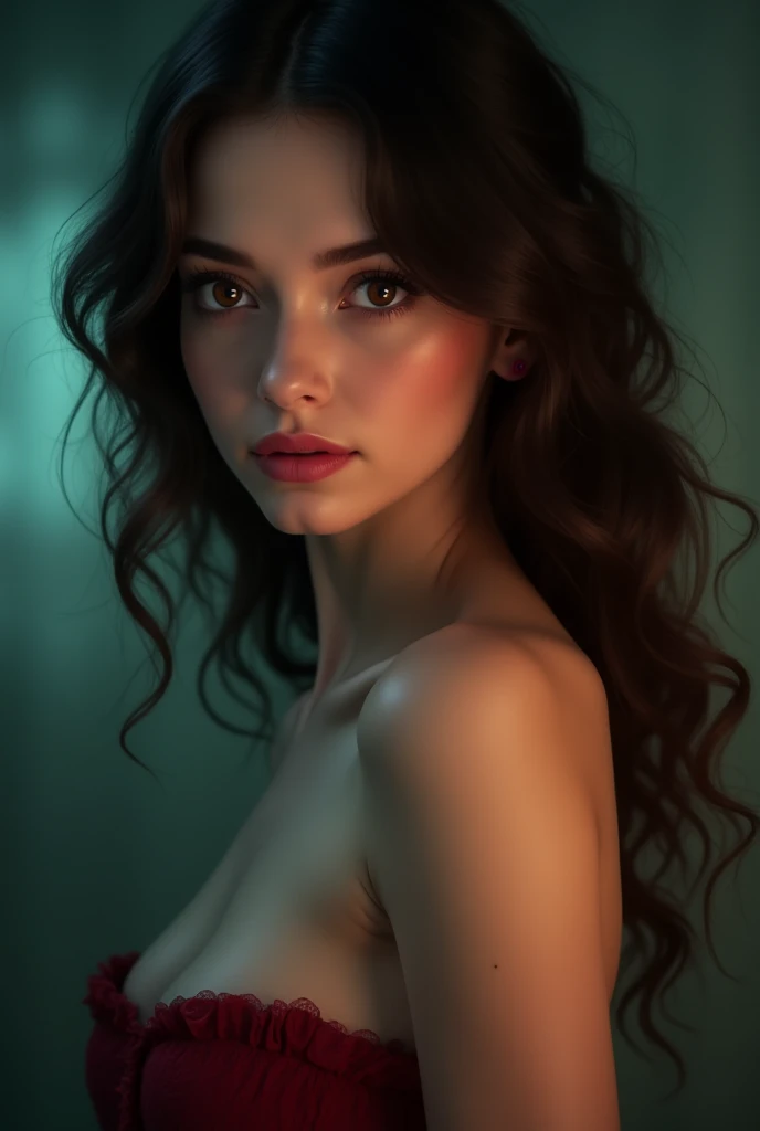 (((ultra realistic))) Photo, masterpiece, top quality, (pale skin), (Ultra detailed face and eyes:1.3), 1 girl, Adult, naked, (Eye makeup, mascara) , ((large detailed lips)), ((long black hair)), ((Chyolka)) , (Natural breasts), Slim waist. ((Posing)), photoshoot, studio (soft lighting), (The play of light and shadows), depth of field, bokeh, (special attention to skin detail: 1.2), Detailed leather texture, skin pores. (Warm atmosphere of the frame. Color range: black, purple, Pink, blue tones), UDR, ((Film grain)), ((rays)), ((Glare)), ((waist up portrait)) , ultra detailed,
