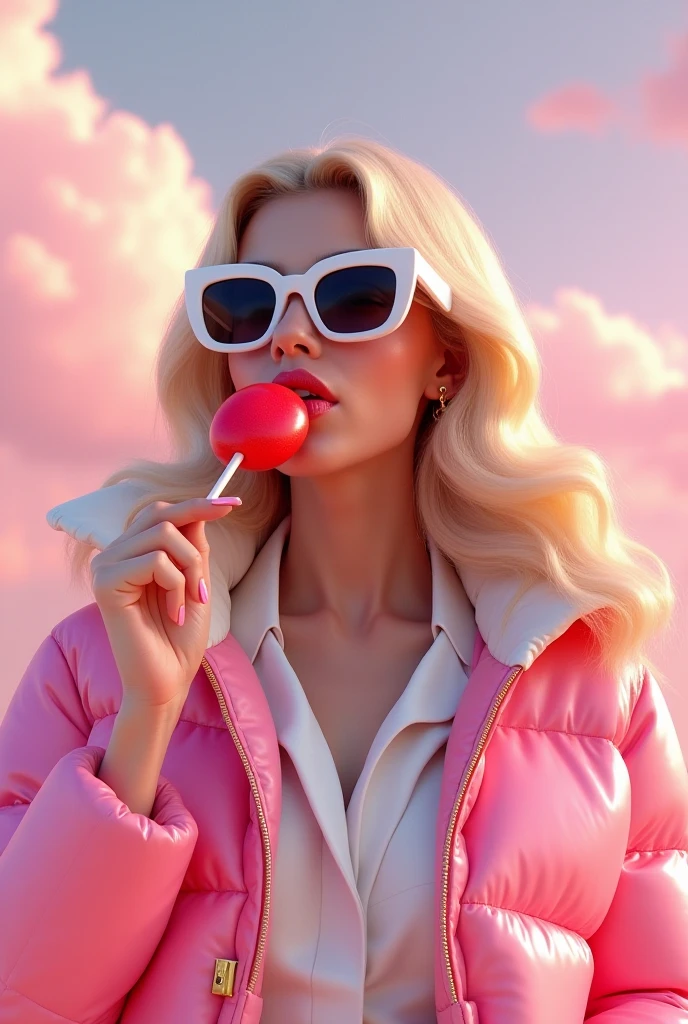 “Ultra-detailed digital portrait of a woman with a futuristic and avant-garde style. has long hair, golden blonde, with a natural shine , hairstyle in soft waves and falling on her shoulders . Her makeup is impeccable , with perfectly outlined eyebrows and an intense look hidden behind white sunglasses with dark lenses and a thick frame. Her lips are full and shiny , in a vibrant pink hue. He is eating a red lollipop , holding it with one hand in a flirty way . She wears a high-gloss padded jacket in pink and white with a gold clasp . Her expression is confident and elegant . The background shows a sky with clouds in shades of pink , creating a striking and modern aesthetic . The lighting is soft but striking , with a hyperrealistic 3D rendering style .”