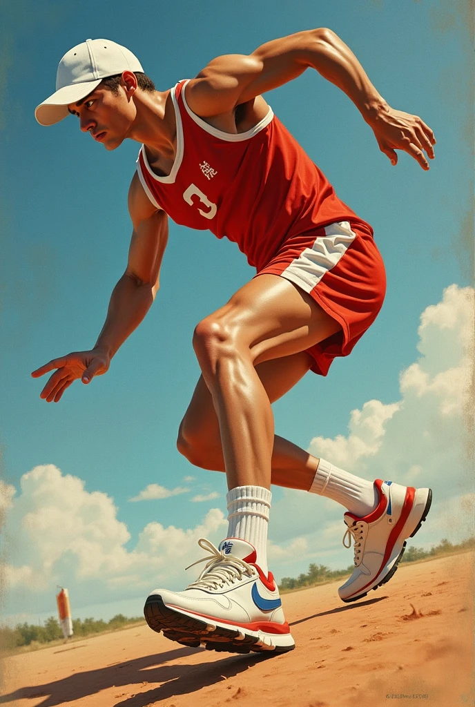 It generates an image of a job in which a human body appears playing sports and in perspective, like the shoes in the foreground, and which is painted in guash in the style of Emilly Jeffords. Full body and the sneaker must be in perspective immediately in the foreground