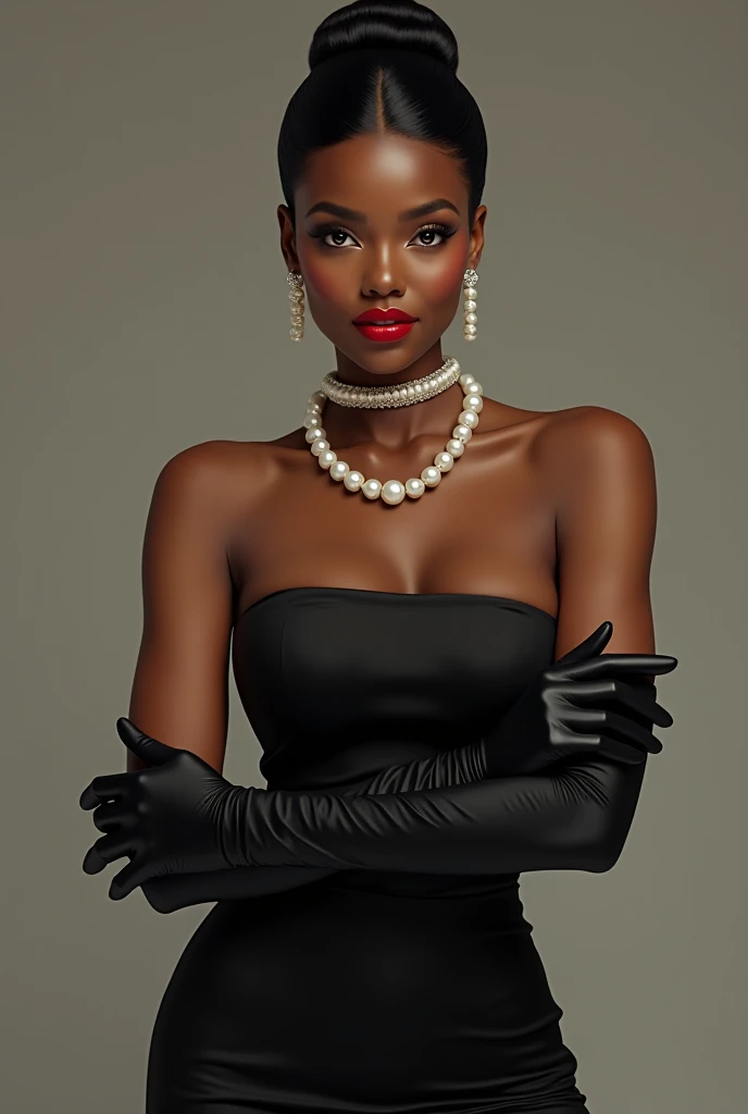 Black and White Fashion Photography，Black model，Straight white teeth，Pearl necklace，Haute couture dresses，beautiful detail,，Lace，Hollow，silk，
