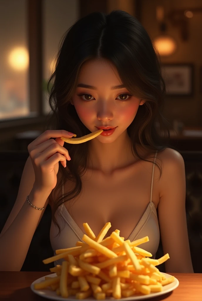 (wearing nothing, nude pubic_hair, age 23:1.45), (masterpiece:1.2), (best quality:1.2), (extremely detailed:1.2), (extremely detailed face), (photorealistic:1.2), (ultra detailed), (Hmong|Filipina|blasian woman:1.2), (Long_straight_hair:1.45), detailed eyes, open mouth, (smile:0.8), (serving drinks in fastfood:1.3), looking at viewer, (skin tanning:1.2), shiny skin, (smiling:1.1), (pink hair:0.8), soft_light