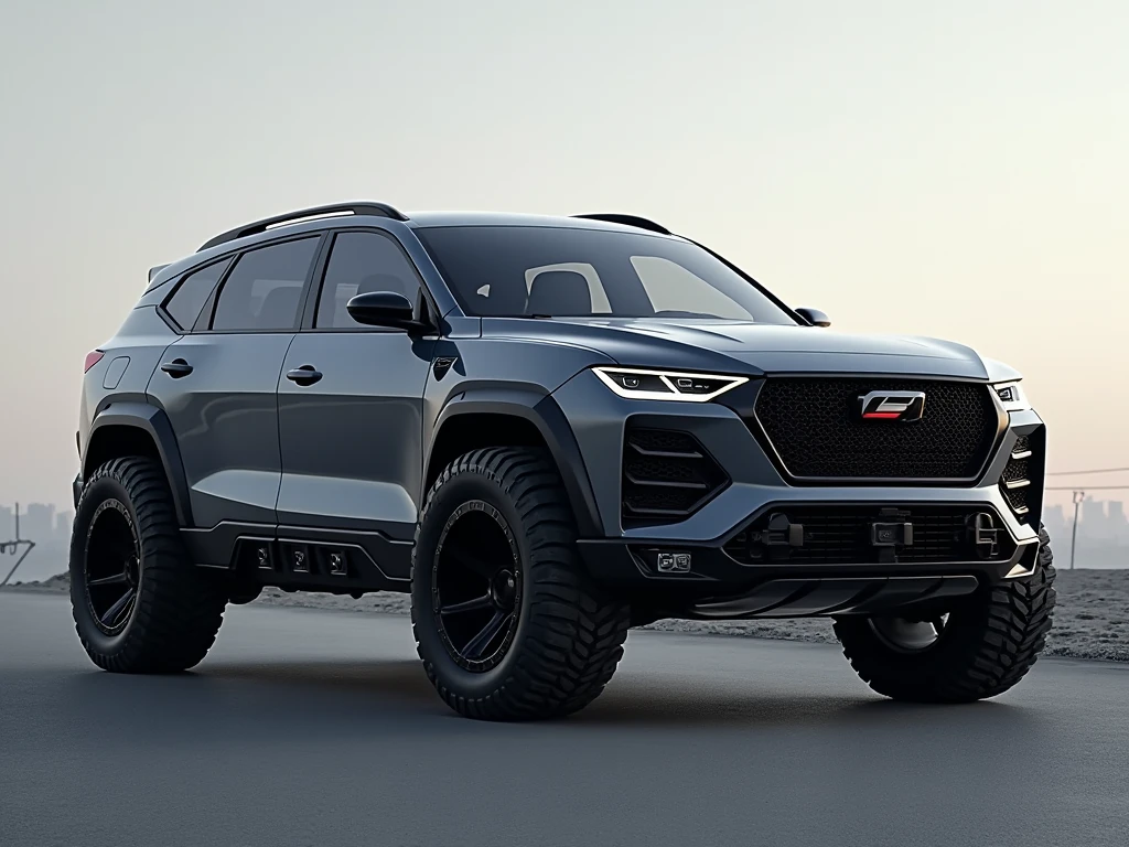 Create an SUV-style car, Sports coupe, Black alloy wheels , LED headlights, Without brand , Robust front , Large grids in hexagnominal format.