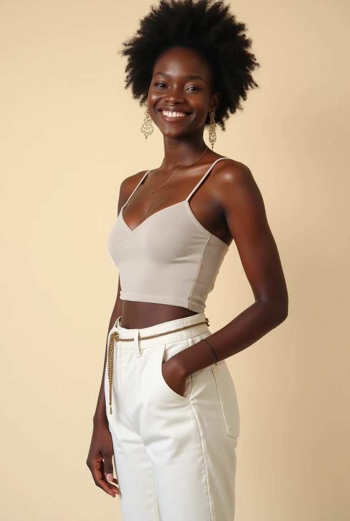 jolie femme africaine 25 ans, full  body, detailed face, ssmile, Detailed body, detailed hands, Detailed large breasts, Cheveux blonds raides haute definition, She has brown eyes. crop top blanc et jean, Grèce, photo de nuit. masterpiece, best quality and definition, total dynamic range, Ultra high definition, hdr, sharp image
