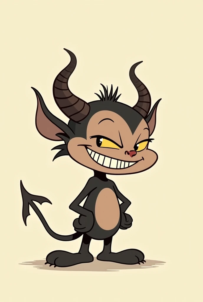 the devil \(cuphead\)red nose, demon, horns, claws, black fur, yellow sclera, red eyes, fewer digits, demon tail, smug expression