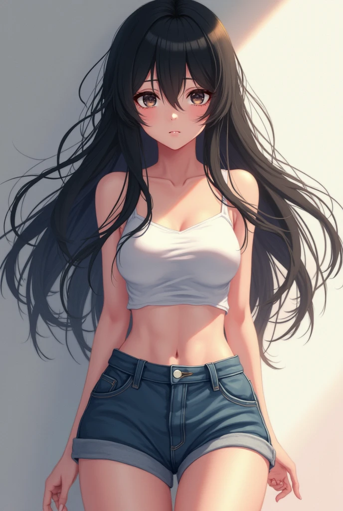 A girl with white skin and grey eyes, Long hair, black curly and big breasts, Taking a realistic anime style photo with tennis miniskirt in sexy pose