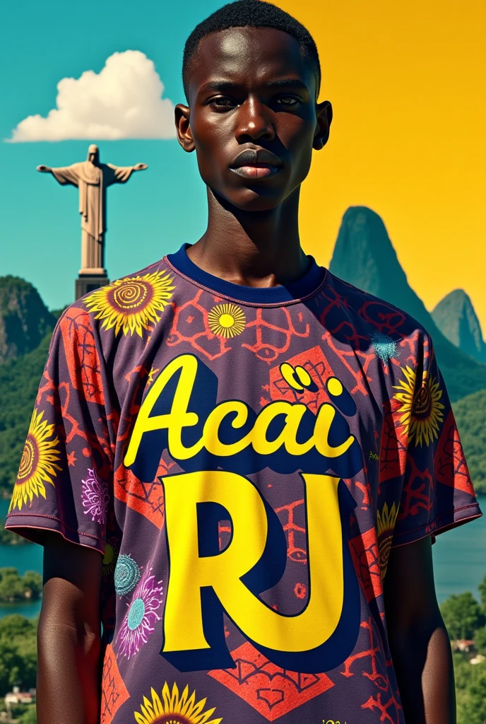 The model is wearing an octogo with the name Açaí RJ
WITH SILHOUETTE OF CHRIST THE REDEEMER AND SUGAR LOAVES of glass sun with stars and the moon on the glass