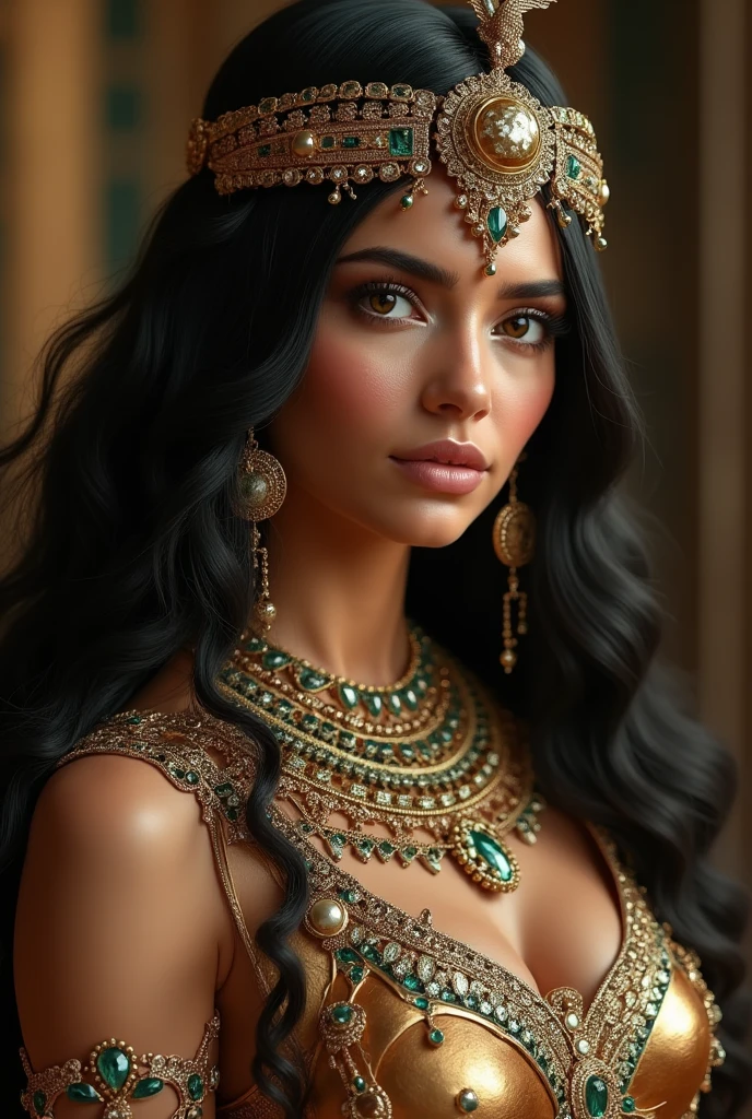 a dark-haired Egyptian woman with long, voluminous hair, greeneyes, outlined, blue outfit, with lots of jewels and shine, with shiny accessories on their heads