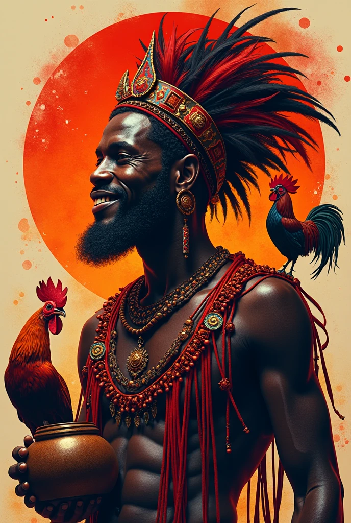 Exú, Black man with conch shell on forehead, shirtless smiling holding a rooster, at the fair