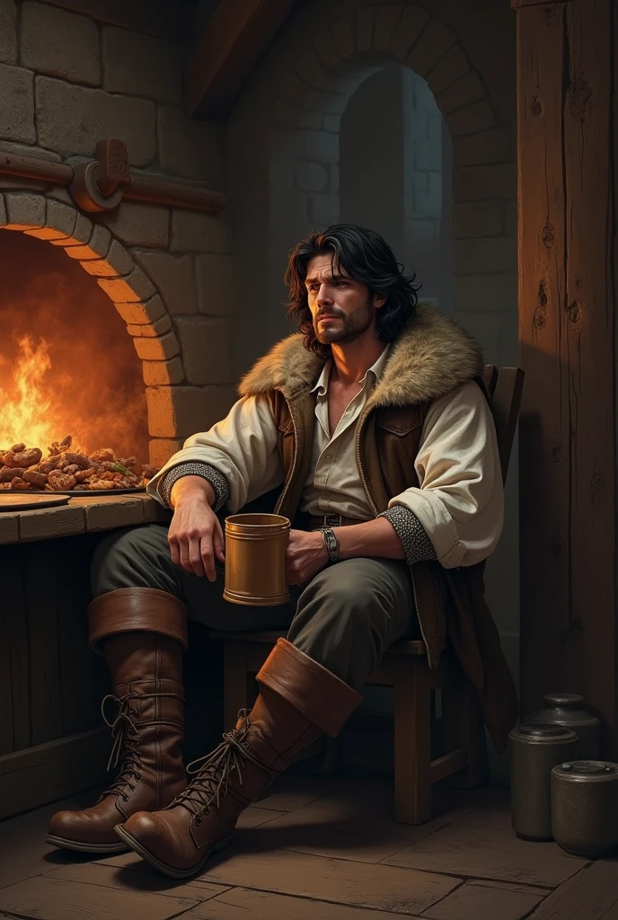 Masterpiece, highly detailed, ultra-realistic, detailed background,
beautiful face, beautiful eyes, medieval style,
(dark wooden inn room),
(bandit man sitting on a chair with legs crossed), (full body), (boots), wide shot,