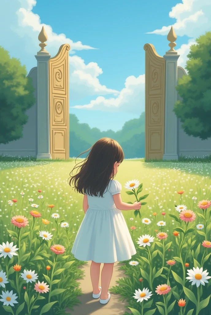 
“A young girl wearing a white dress, gently picking flowers in a large garden. The garden is expansive, with tall, elegant gates in the background. The sky above is clear and blue, reflecting a peaceful and serene atmosphere.”