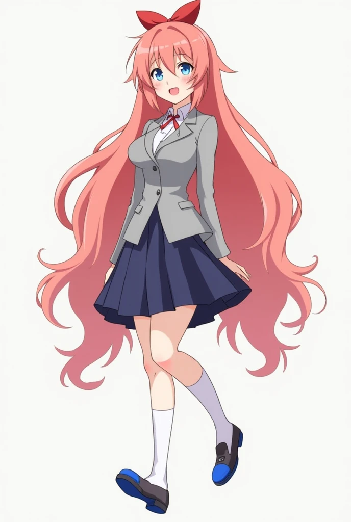 Sayori from the video game Doki Doki Literature Club wearing a gray blazer, a navy blue skirt, hitting just below the knee, shoes with a blue toe and white knee-length socks; She has extremely long coral pink colored hair, with a red bow, blue eyes and large E cup size