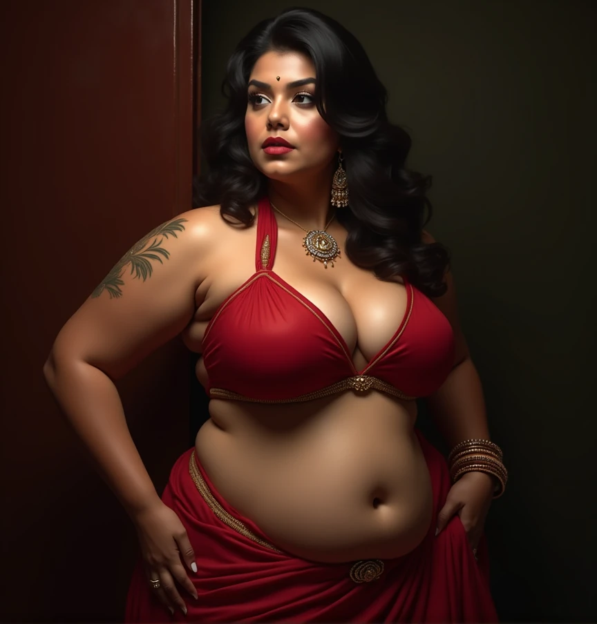 Savita bhabhi, curvy body, deep navel, red lingerie, perfect breasts, showing cleavage, (NSFW:1.4)