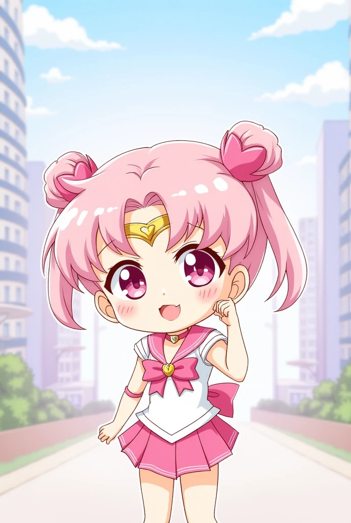 score_9, score_8_above, score_7_above, source_anime,
sailormoonchibi , Sailor Moon chibi, cone cable case, double bun, cable case, hair ornament, pink eyes , pink hair, short hair, ponytails, tiara, fringe distributed , smile,
bow, brooch, choker, toys, elbow shezfe , shezfe , heart, heart brooch, Magical girl, pink bow, pink choker, pink sailor collar, pink skirt, pleated skirt, sailor collar, senshi sailor uniform , skirt, stud toys, White Shezfe ,
outdoor, cityscape,
looking at the viewer, dutch angle, tiro de cowboy