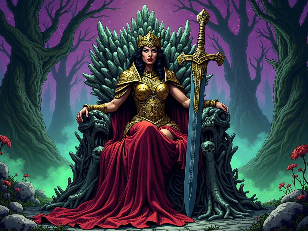 A powerful Warrior Queen sits regally on her throne made of bones, deep ...