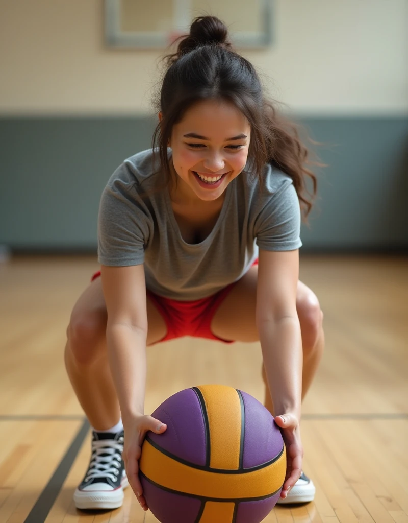 photo of a 18 year old girl,basketball player in a blue shorts jumps in the air,holding a ball in her hand and shooting it towards the hoop,happy,laughing,looking at viewer,basketball court,ray tracing,detail shadow,shot on Fujifilm X-T4,85mm f1.2,depth of field,bokeh,motion blur,<lora:add_detail:1>,