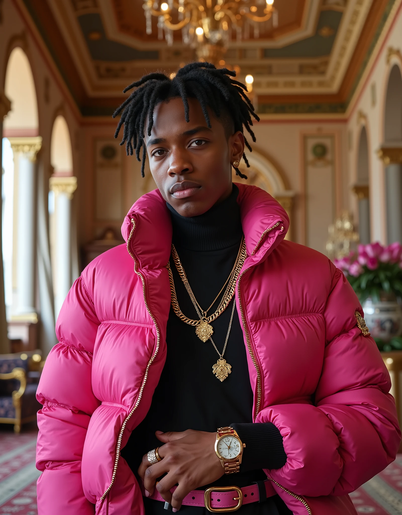  super realistic image,  of an 18-year-old black boy, In a beautiful castle , In Venice, Italy, LUXURIOUS LIFE, dressed in pink and black  , swag, some gold ,  watch necklaces and luxury accessories , luxurious lifestyle.  cool black boy 