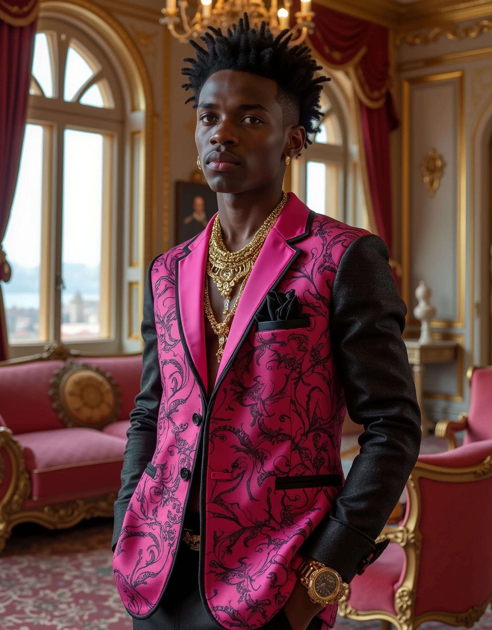 super realistic image, for an 18-year-old black boy , In a beautiful castle , In Venice, Italy, LUXURIOUS LIFE, dressed in pink and black , swag, some gold , watch necklaces and luxury accessories , luxurious lifestyle. cool black boy