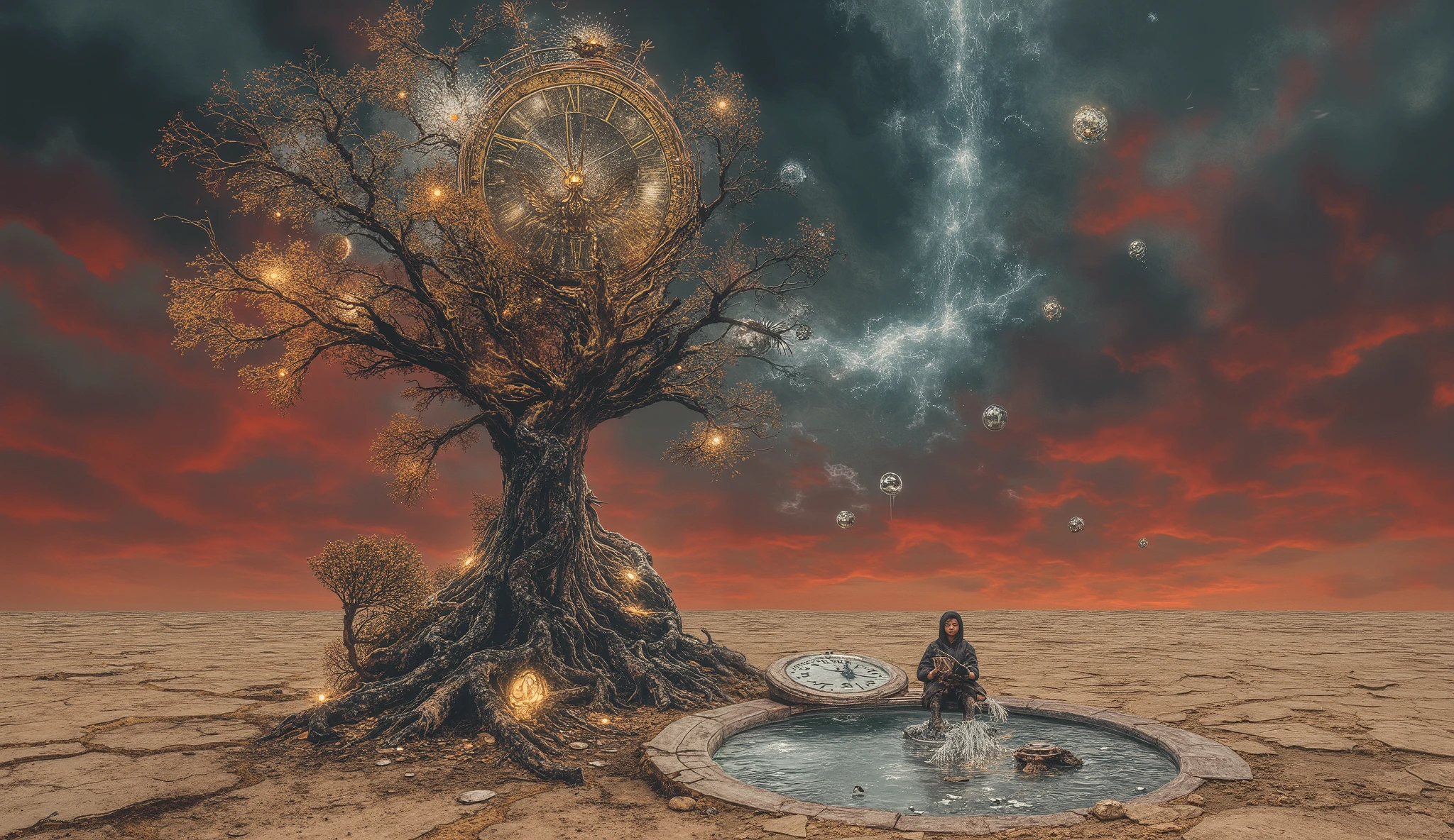 In a vast desert under a sky swirling with impossible clouds, a twisted tree with branches made of broken glass and metal stands alone. Beneath its roots, a massive clock face is half-buried in the cracked earth, its hands stretching and distorting. A young with the body of a moth and the face of a weeping woman sits on the clock, holding a glowing seed. As the ’s wings flutter, the seed turns into a cascade of liquid light, falling into the earth. Surrounding them are the remnants of broken alchemical machines, their glowing parts hovering mid-air, and floating mirror spheres distort the landscape. The sky above transitions from a rich crimson red to a cold, almost black blue, casting an eerie light across the scene.
