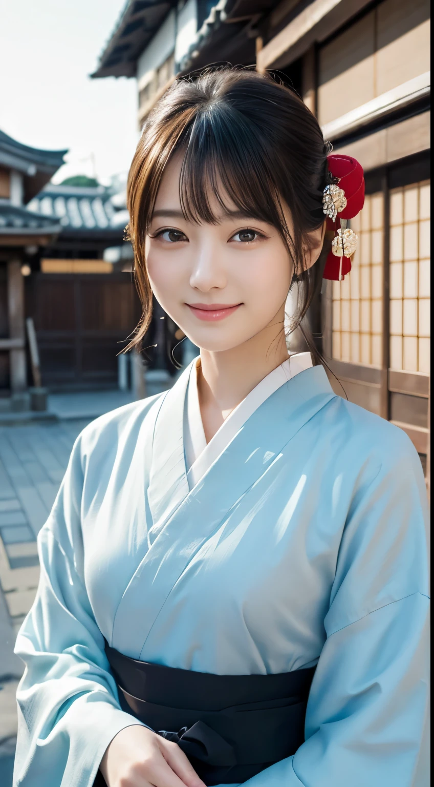 masterpiece, best quality, illustration, ultra-detailed, finely detailed, high resolution, 8K wallpaper, perfect dynamic composition, beautiful detailed eyes, kimono, medium hair, small breasts, graceful pose, smile, looking at camera