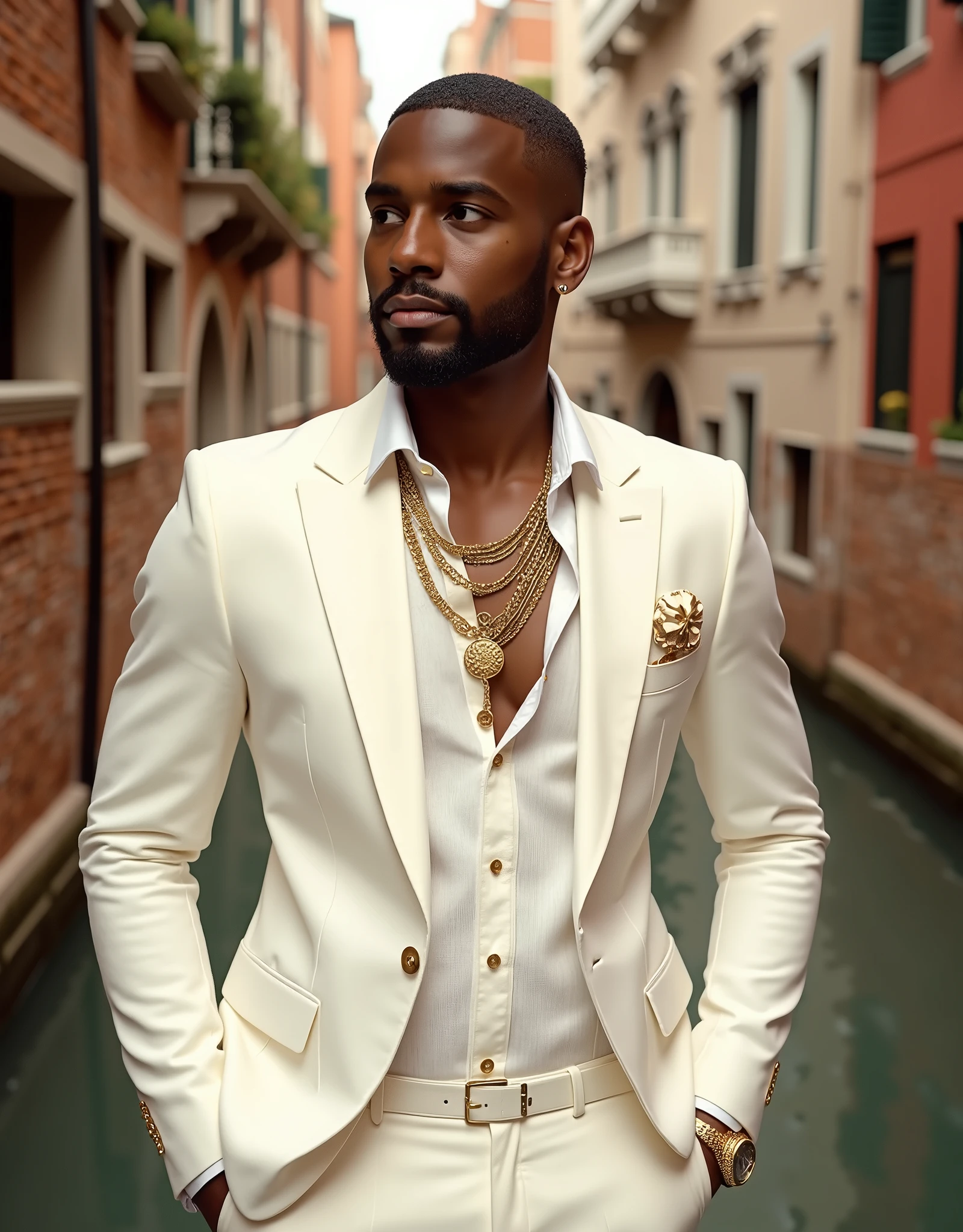 super realistic image, of a 20-year-old black boy , Thin Beards , In a beautiful castle , In Venice, Italy, LUXURIOUS LIFE, dressed in all white, luxury suit, some gold , watch necklaces and luxury accessories , luxurious lifestyle. In the city, Places for rich