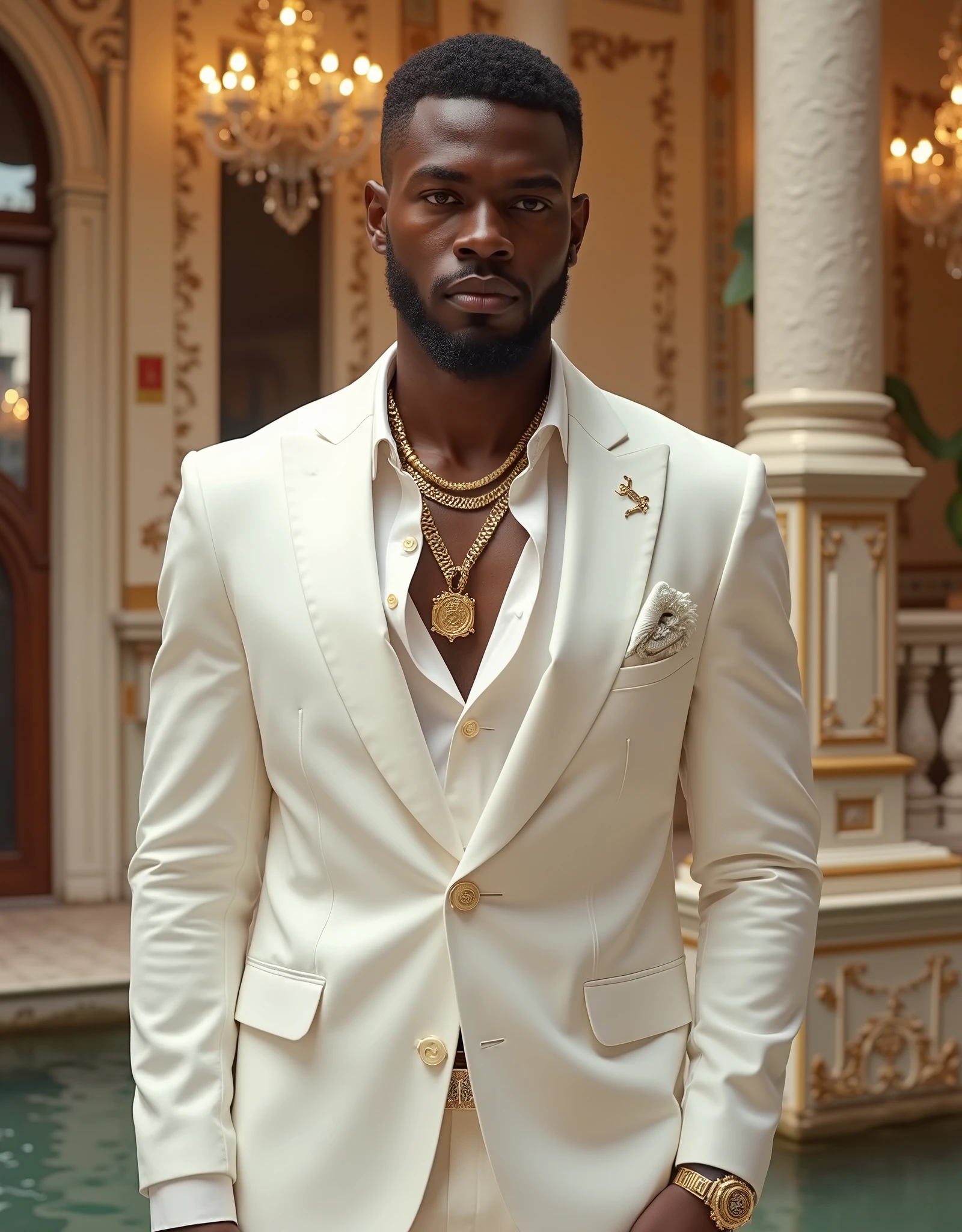 super realistic image, of a 20-year-old black boy , Thin Beards , In a beautiful castle , In Venice, Italy, LUXURIOUS LIFE, dressed in all white, luxury suit, some gold , watch necklaces and luxury accessories , luxurious lifestyle. In the city, Places for rich