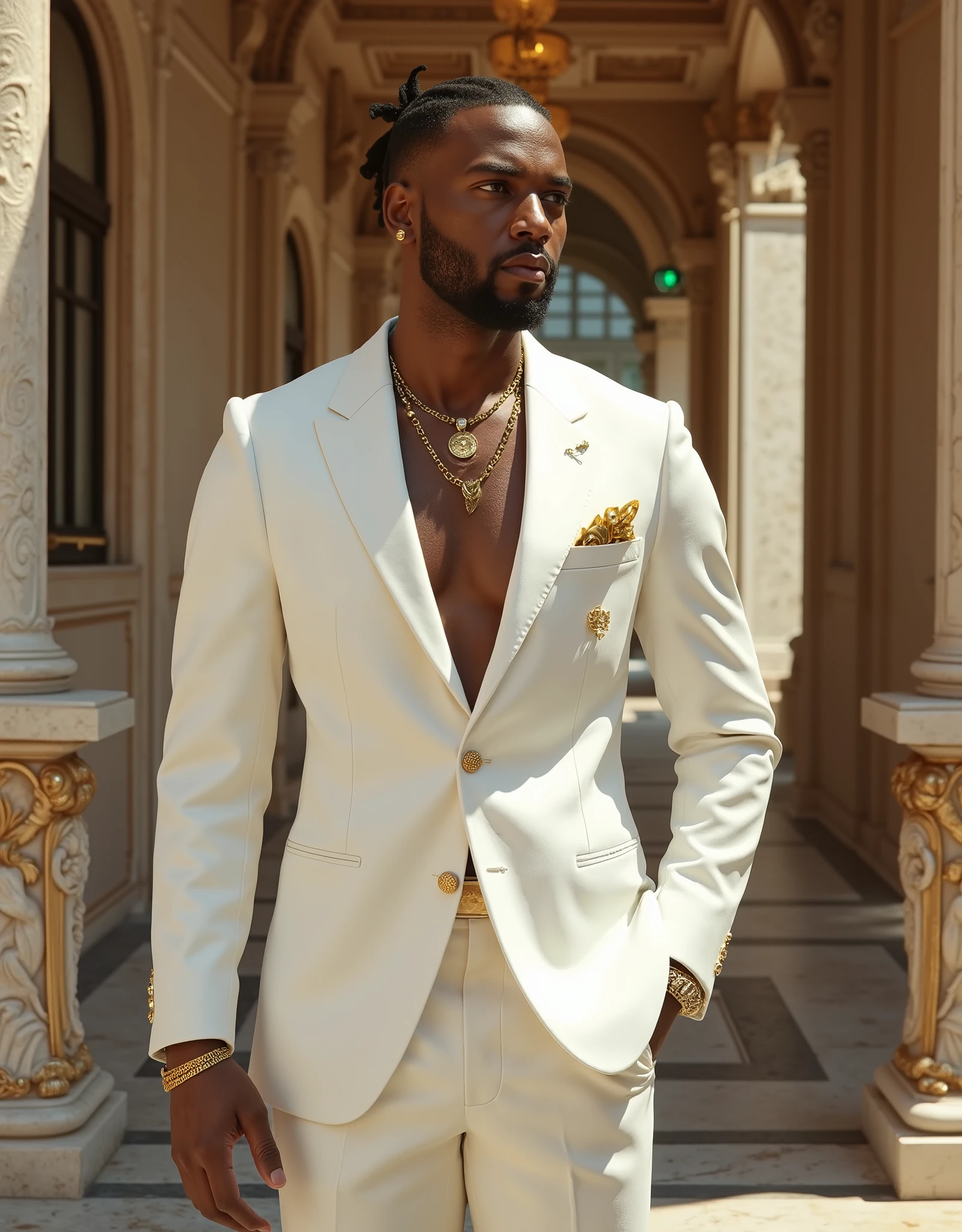  super realistic image,  of a 20-year-old black boy , Thin Beards , In a beautiful castle , In Venice, Italy, LUXURIOUS LIFE,  dressed in all white, luxury suit, some gold ,  watch necklaces and luxury accessories , luxurious lifestyle.  In the city, Places for rich 
