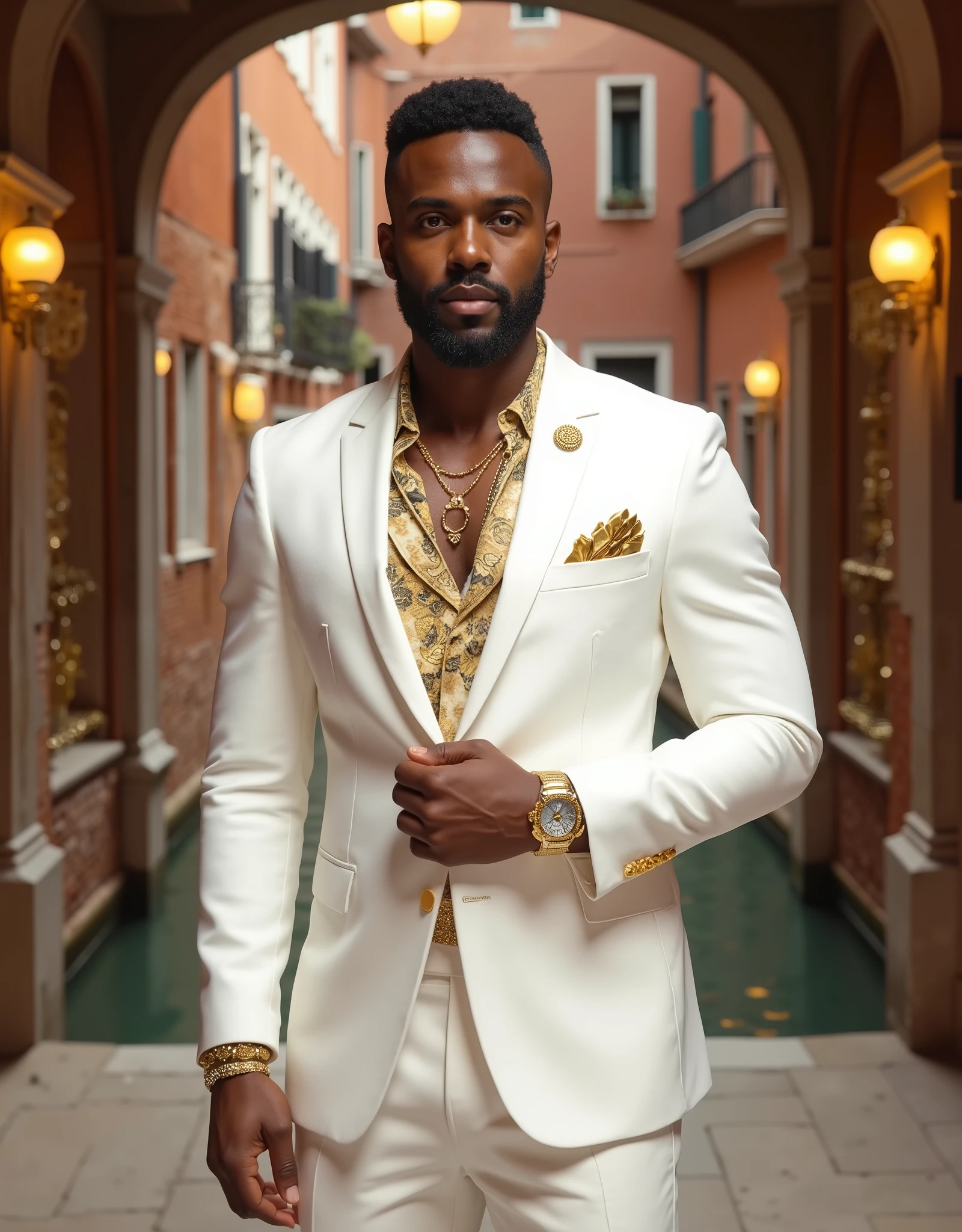 super realistic image, of a 20-year-old black boy , Thin Beards , In a beautiful castle , In Venice, Italy, LUXURIOUS LIFE, dressed in all white, luxury suit, some gold , watch necklaces and luxury accessories , luxurious lifestyle. In the city, Places for rich