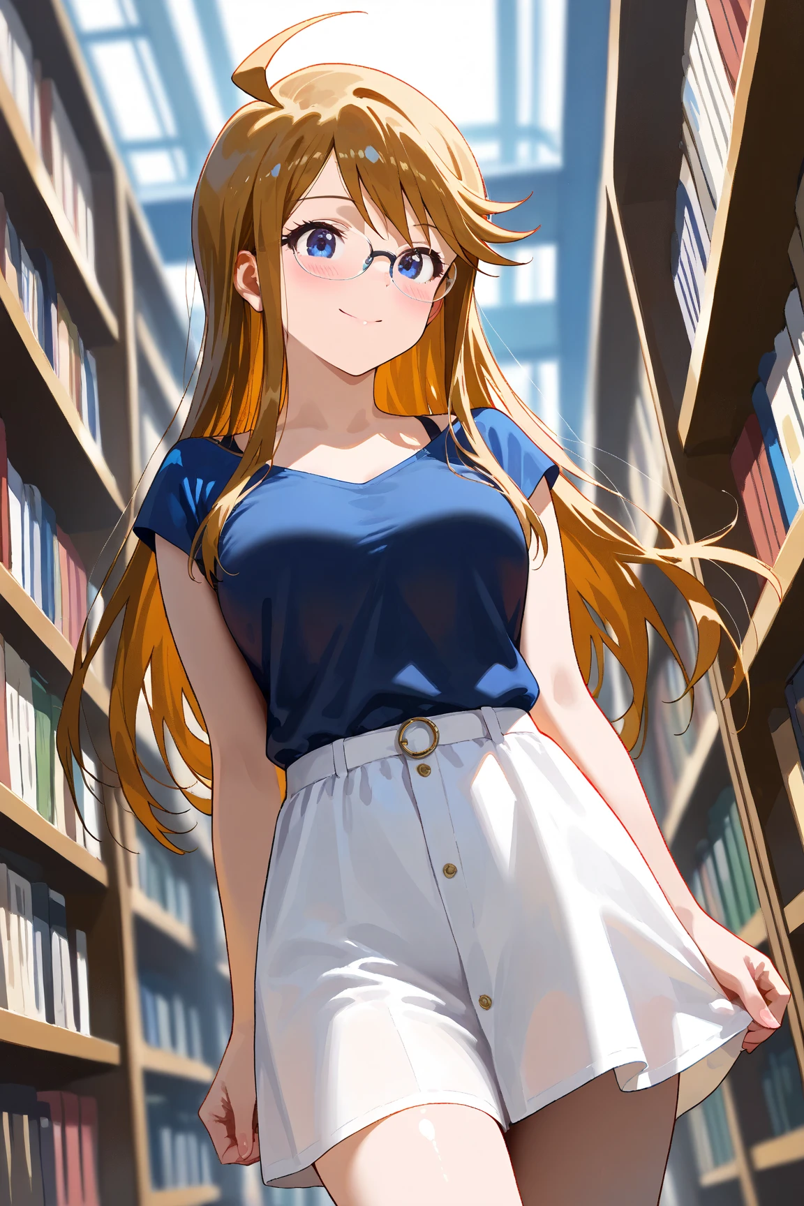 (masterpiece), (Highest quality), (Very detailed), (The best shape), (Best Shadow), (Absurd), (Detailed Background), (so beautiful), Shiny, Beautiful eyes in every detail, Extraordinary, Countershading, 8k, 32K, High resolution, Very Detailed CG,
score_9, score_8_up, score_7_up, source_anime,
cinematic, dramatic, (blurry background:1.2), (realistic background:1.4), depth of field, dynamic angle, dynamic pose,
1girl, solo,
library,
Tokoro Megumi, the idolm@ster million live!,
mgmtkr, medium breasts, long hair,
(casual wear:1.3),
(blush:1.2),
(no lip:1.2),
Wearing glasses,
cowboy shot,
focus on face,
smile,
realistic skin,
Shiny, skin,
(masterpiece, detailed:1.2),