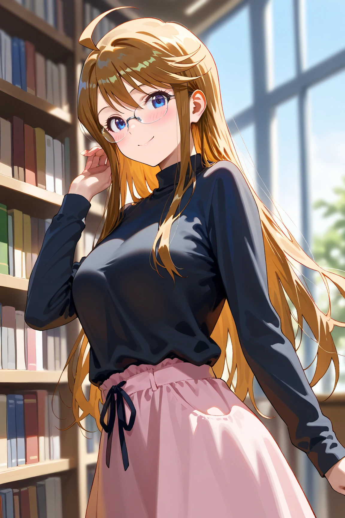 (masterpiece), (Highest quality), (Very detailed), (The best shape), (Best Shadow), (Absurd), (Detailed Background), (so beautiful), Shiny, Beautiful eyes in every detail, Extraordinary, Countershading, 8k, 32K, High resolution, Very Detailed CG,

score_9, score_8_up, score_7_up, source_anime, 

cinematic, dramatic, (blurry background:1.2), (realistic background:1.4), depth of field, dynamic angle, dynamic pose, 
1girl, solo, 
library,

Tokoro Megumi, the idolm@ster million live!,
mgmtkr, medium breasts, long hair,

(casual wear:1.3), 
(blush:1.2),
(no lip:1.2),
Wearing glasses,
cowboy shot,
focus on face,
smile,
realistic skin,
Shiny, skin,
(masterpiece, detailed:1.2),