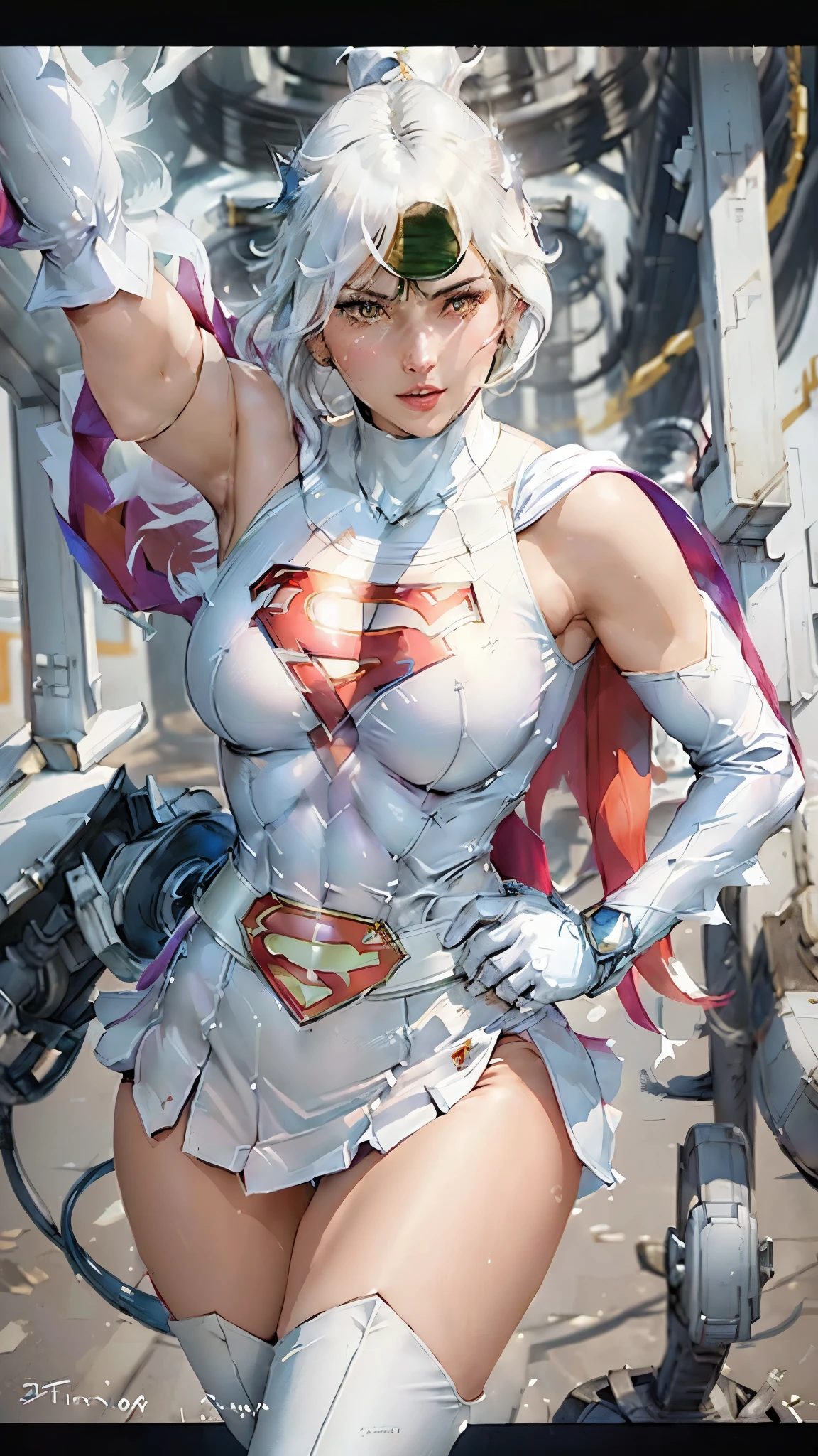 (masterpiece:1.2,Highest quality,Highest quality,High resolution,Very detailed),8k,1 female,Mature female heroine,40 years old,(女性のUltraman:1.5),(Dynamic Makeover:1.2),(Dynamic hair movement:1.2),(short hair),(Shiny Ultraman uniform),(Glowing Skin,Big eyes,Droopy eyes,Long eyelashes,Beautiful thighs,Beautiful Hair,Beautiful Face,Beautiful Eyes,Beautiful body,Beautiful breasts,Beautiful feet,Beautiful fingers),break((Ultraman)),((Ultraman_rise:1.5)),((hand)),(Raise your right fist straight up),(右handはパンチ),(Extend your right arm straight),((Detailed drawing of a fist),(Severe),(The background is a glowing prism flash),((Wrapped in dazzling light)),((Beautiful trading cards,Silver Card))