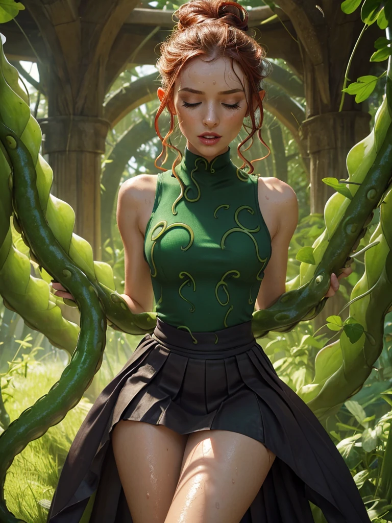 (Show Cate from head to toe)(Cate Blanchett (age 25), dressed appropriate to the scene) is in the Deep Space Exploration Force, having landed her explorer shuttle on a jungle world and set off on foot. She has become ensnared in the eldritch tentacle vines of a man eating plant. Cate struggles to free herself but the vines have already dissolved away almost all of her uniform and now drag her to the huge vicious maw of the plant (tentacles grasping, caressing, squeezing, exploring, many vines enveloping the damsel, forcefully removing what remains of the uniform). Damsel in peril! Slime dripping Alien jungle world. High thrills. High Peril! Desperate Struggle for survival. Show Cate from head to toe, show all of her, full body shot (sfw, vines or rags cover nipples)(Negative Prompt:NSFW)