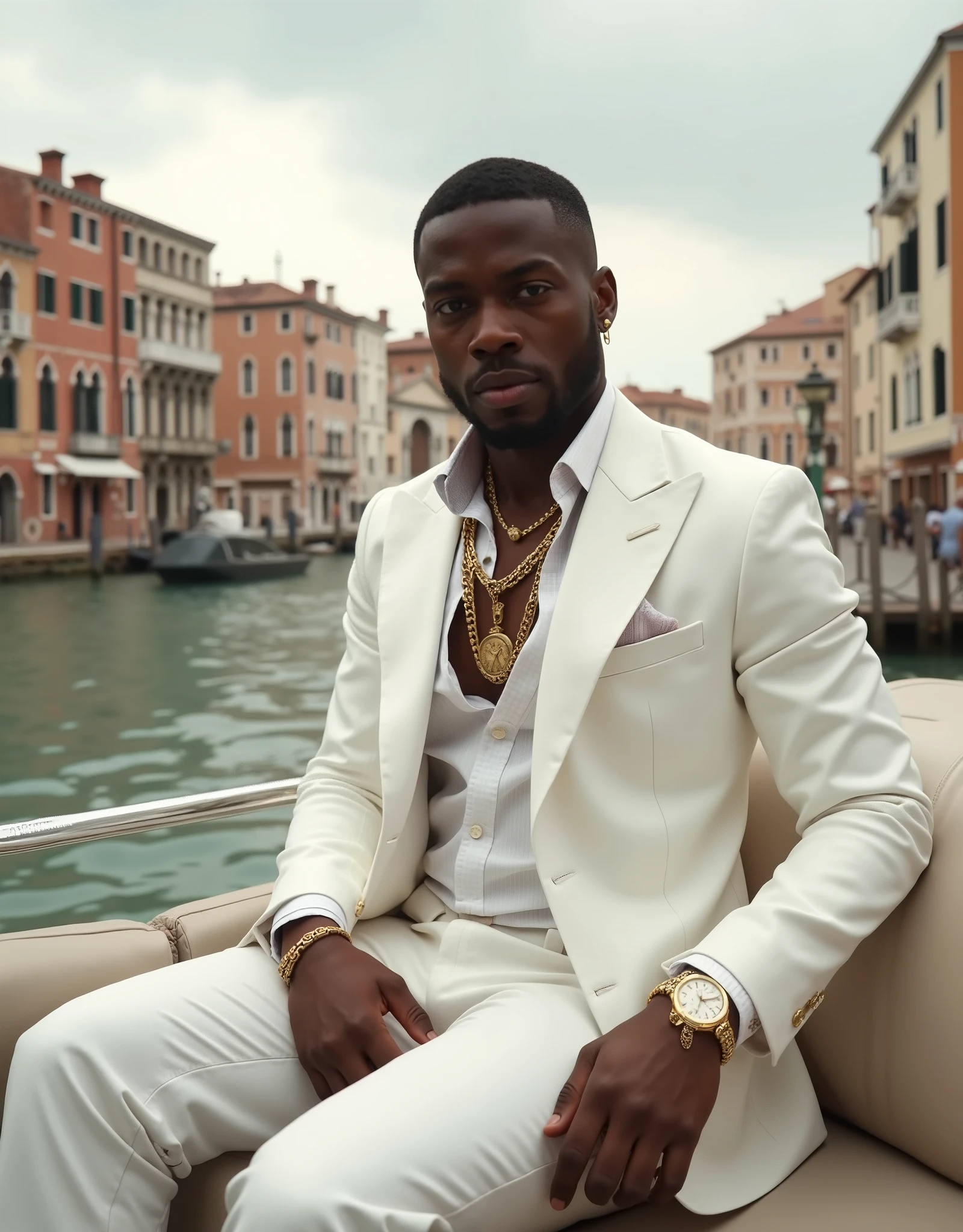 super realistic image, of a 20-year-old black boy , Thin Beards , In a beautiful castle , on a boat in Venice, Italy, LUXURIOUS LIFE, dressed in all white, luxury suit, some gold , watch necklaces and luxury accessories , luxurious lifestyle. In the city, Places for rich