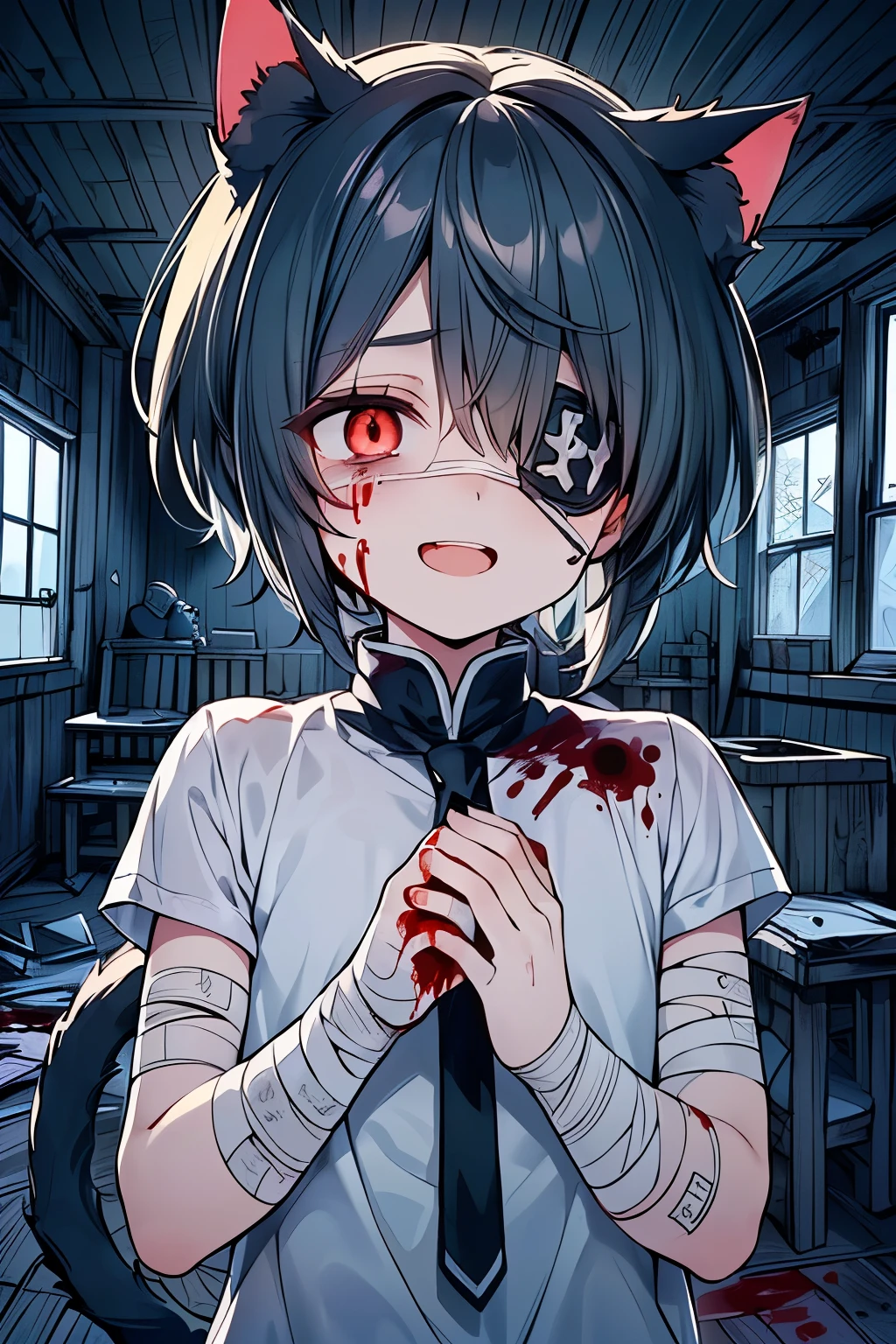 masterpiece, high quality, best detail, japanese anime illustration, a crazy scariest woman with light blue short hair, big smile, blood splattered on face, collar, handcuffs, wearing a hoodie, random pose, (dark depiction), (background:prison, blood stain)