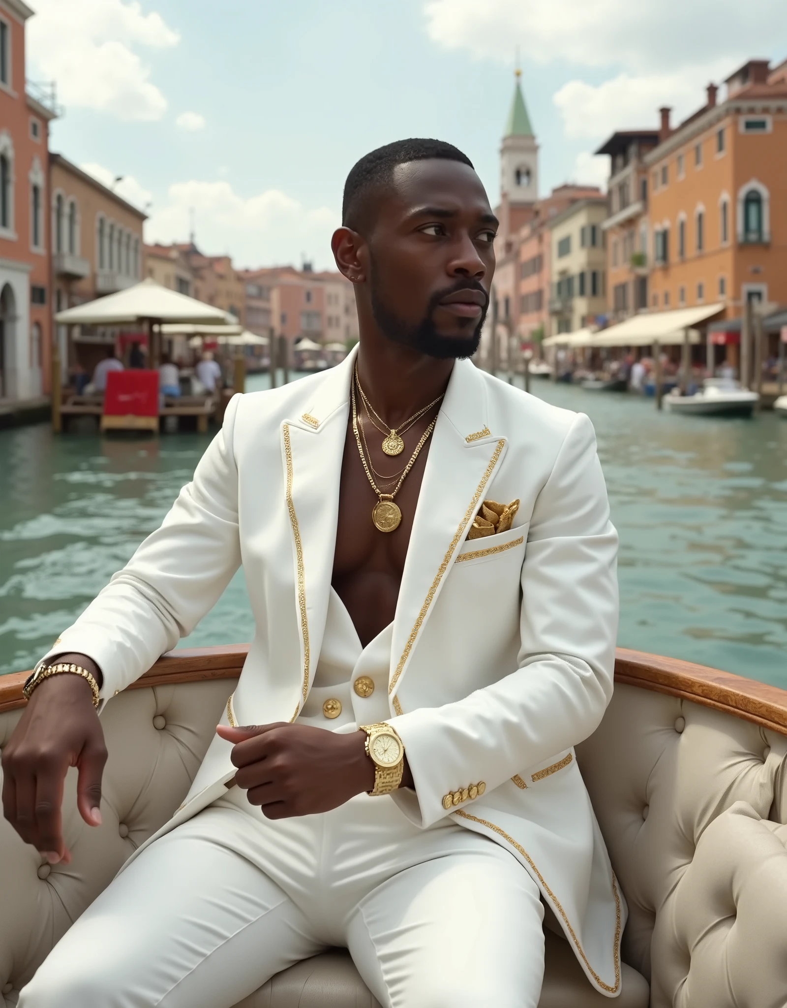 super realistic image, of a 20-year-old black boy , Thin Beards , In a beautiful castle , on a boat in Venice, Italy, LUXURIOUS LIFE, dressed in all white, luxury suit, some gold , watch necklaces and luxury accessories , luxurious lifestyle. In the city, Places for rich