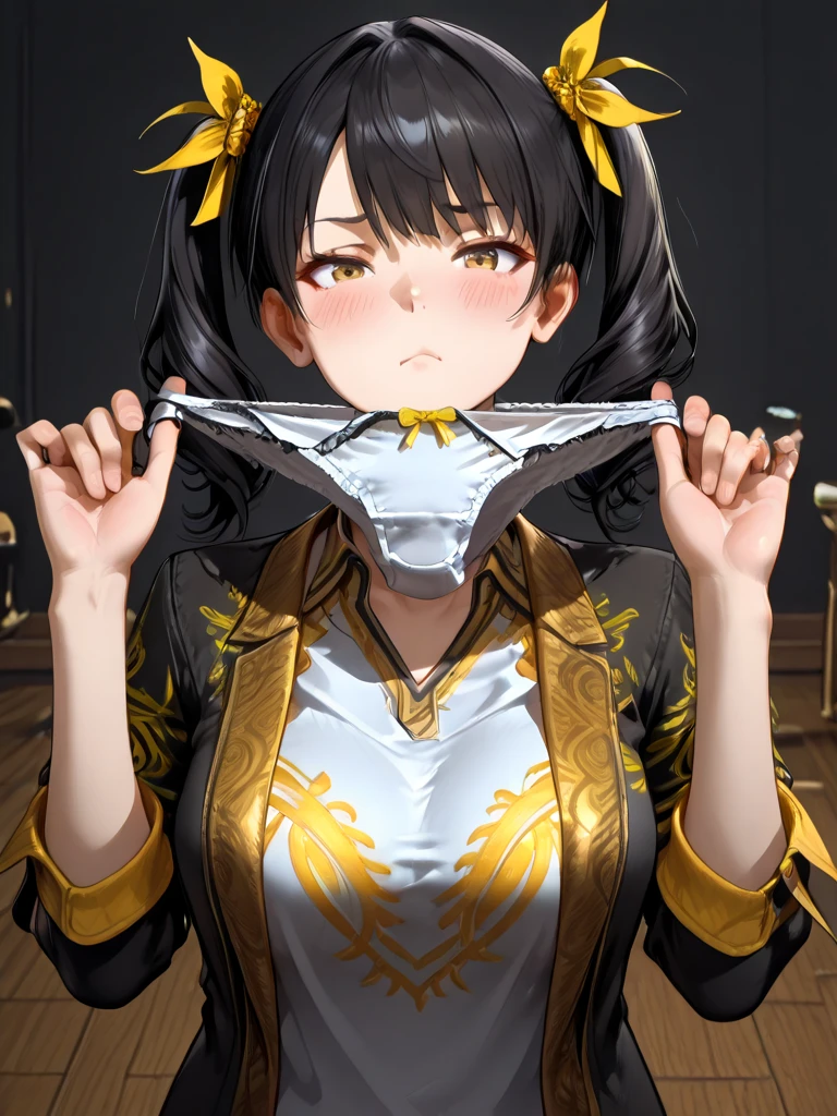 Ling Xiaoyu, clothed, (fit situation), glamorous, leggy, chunky legs, curvy, (upper body), {{{holding out Stained panties}}}, vaginal discharge stain There are stains of vaginal discharge and urine, which look smelly, {give panties},present for viewer,{{{{{You hold your panties spread out in your hands}}}}}, {{showing your panties crotch for viewer}},{{{Roll your eyes in annoyance}}},face bored, {{{absurdres}}}