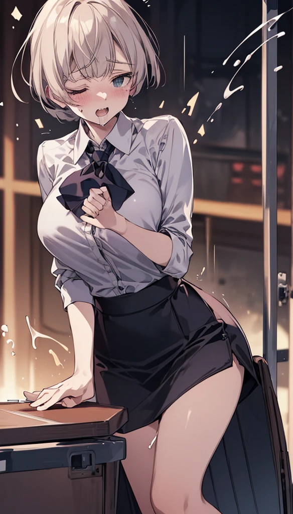 Sitting Woman, Beautiful woman squatting,28 years old, attractive girl,(Angle from the front), office,Bob,Black jacket,White shirt,Cleavage,Leg spread,open leg sitting pose,M字Leg spreadポーズ,Job recruitment suit:1.5,Face of ecstasy,Climax, Pencil Skirt,Black lace panties,High heels