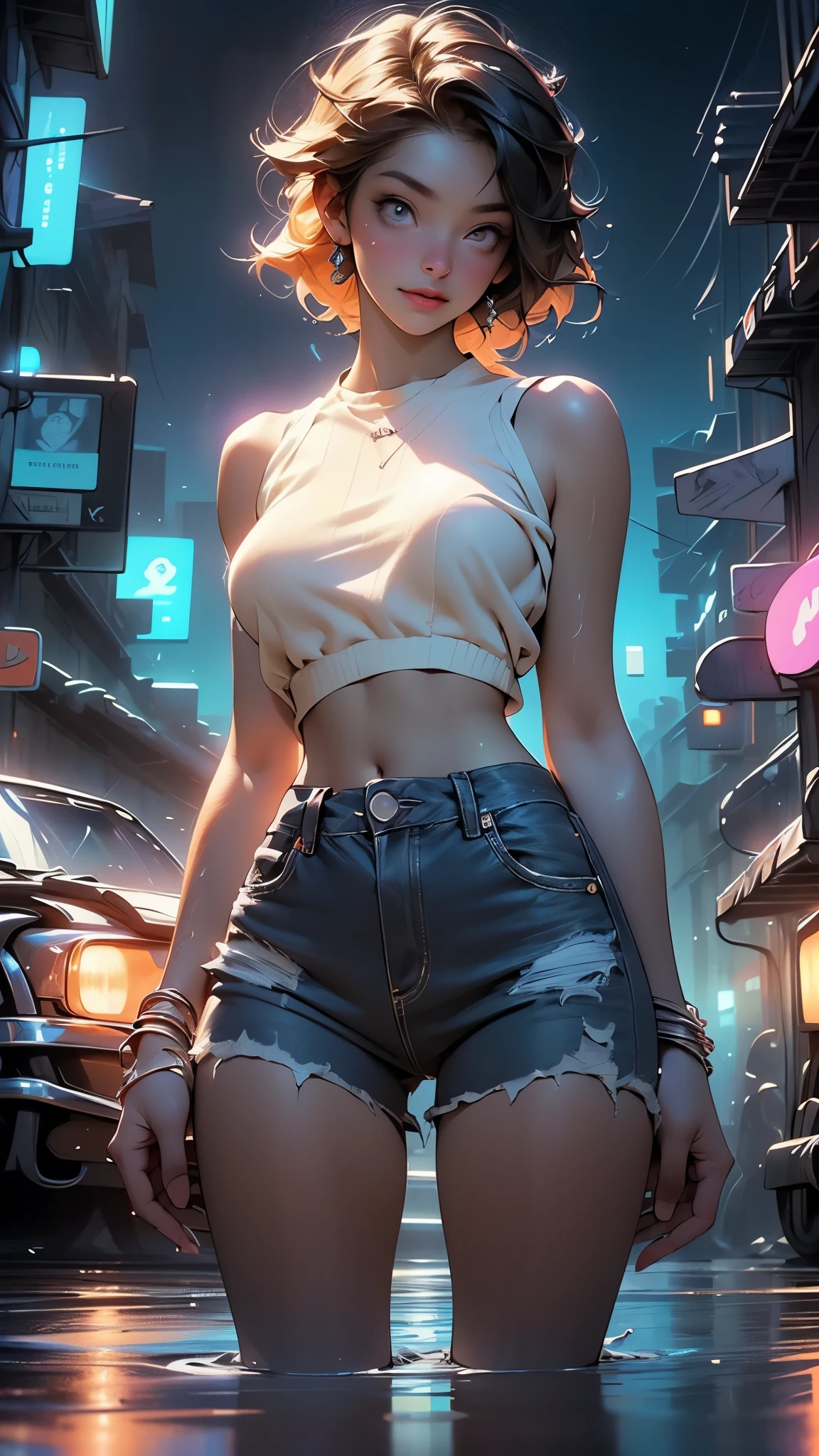 (1 girl, solo),Best quality, full body portrait, delicate face,brown long hair, bob haircut, forehead, 18 year old girl, slim figure, huge bust, loose oversized u-neck crop top full sleeved shhirt, cleavage,(under boobs:1.4), crotch gap, cameltoe, over shirt shorts, seen string of bikini bottoms, sunset bridge, vintage vespa behind, scene, standing tall, long leg , necklace, rings, earrings, bracelet, watch, open legs, araffe woman in shorts and a white top walking down a street, photorealistic perfect body, anime girl in real life, realistic anime 3 d style, sexy girl wearing shorts, at a city street, hyperrealistic full figure, bra and shorts streetwear, beautiful model girl, cyberpunk 2 0 y. o model girl, fashion model, hyper realistic anime, small waist, naval piercing, bellybutton pierced, nightlife,visible bra,denim shorts,tight ass, slutty,at night photo, night photography,brown hair(night outdoors)