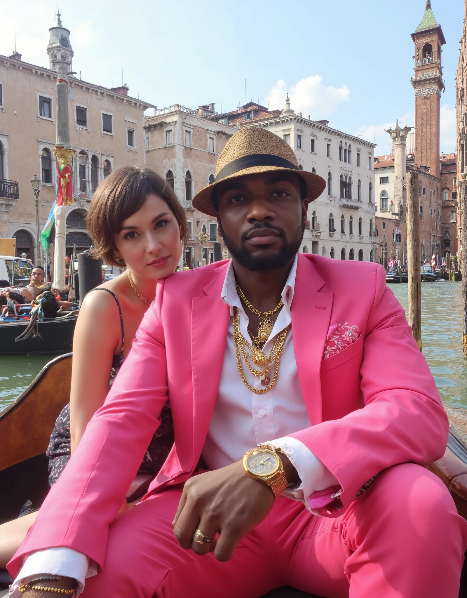 super realistic image, of a 20-year-old black boy , Thin Beards , In a beautiful castle , sitting on a boat in Venice , Italy, next to a beautiful white woman, rabuda. LUXURIOUS LIFE, dressed in everything pink , luxury suit, some gold , watch necklaces and luxury accessories , luxurious lifestyle. In the city, Places for rich