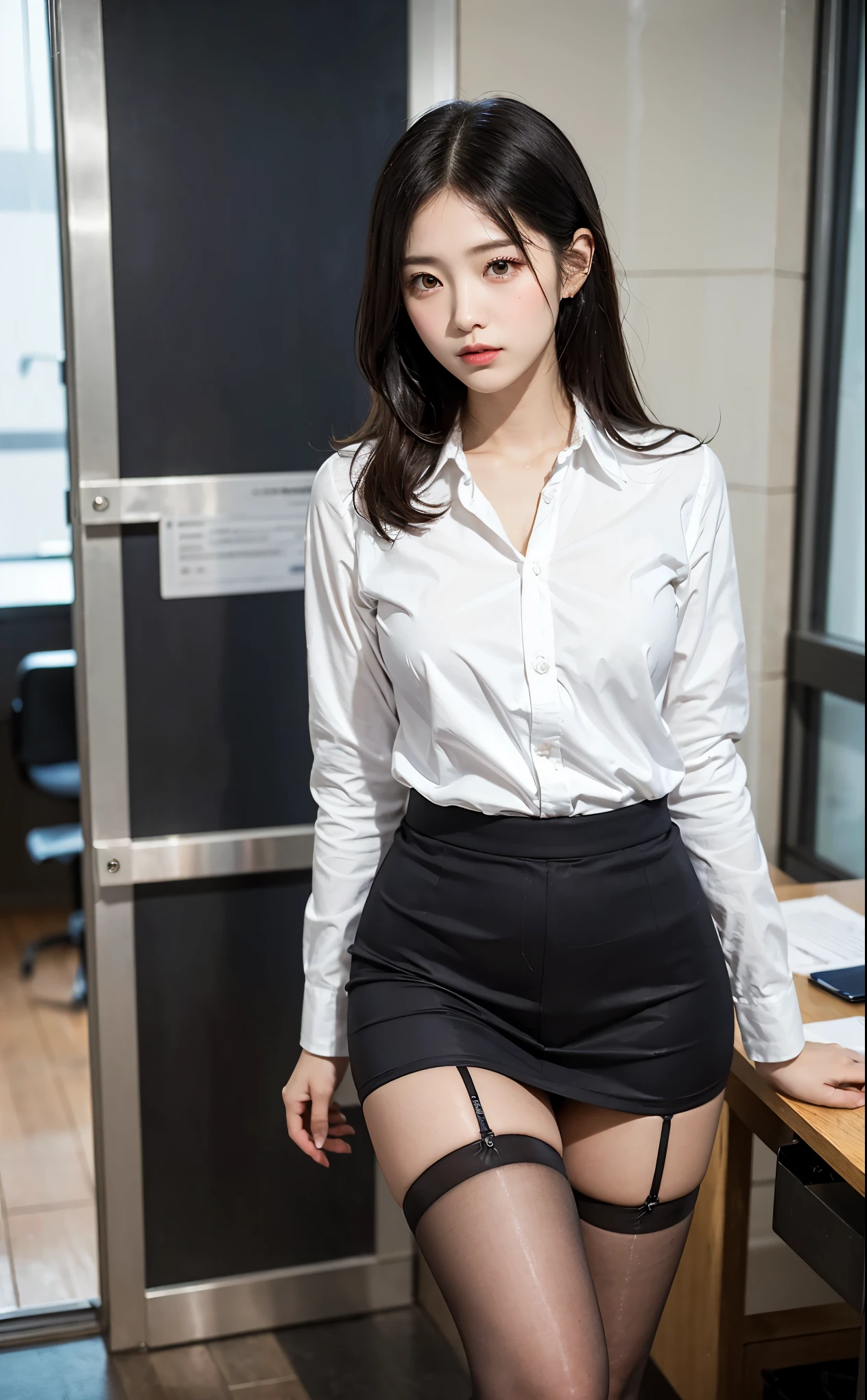 (highest quality、table top、8K、best image quality、Award-winning work)、(One beautiful mature woman:1.1)、(1 40 year old mature woman:1.2)、(、(solo:1.1)、(elegant blouse:1.2)、(Lift up your skirt and show your panties:1.3)、(alone:1.1)、(Classy glasses:1.2)、(elegant long wavy hair:1.1)、white panties、perfect beautiful composition、(Huge breasts that are about to burst:1.1)、(emphasize body line:1.1)、(slender body:1.1)、(full body photo:1.3)、(slender and long beautiful legs:1.2)、(perfect style:1.1)、perfect body line、(a sad expression looking at me:1.1)、(Strongly blurred office hallway background:1.1)、stand gracefully、perfect makeup、bright lipstick、long eyelashes、Ultra high definition beauty face、ultra high definition hair、Super high-definition sparkling eyes、(Ultra high resolution bright and glowing skin:1.2)、Super high resolution glossy lips、(Accurate anatomy with great attention to detail:1.1)