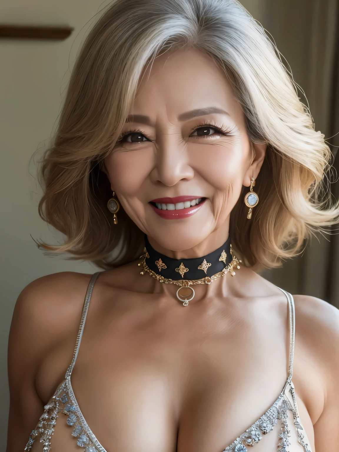 88 years old Mom MILF Chinese Lady large earring Big choker navel piercing decoration A bracelet Silver Hair realisitic Gorgeous Madame Beautiful Mature Woman sexy Smile Gentle woman navel piercing 4K High quality 暑い夏
