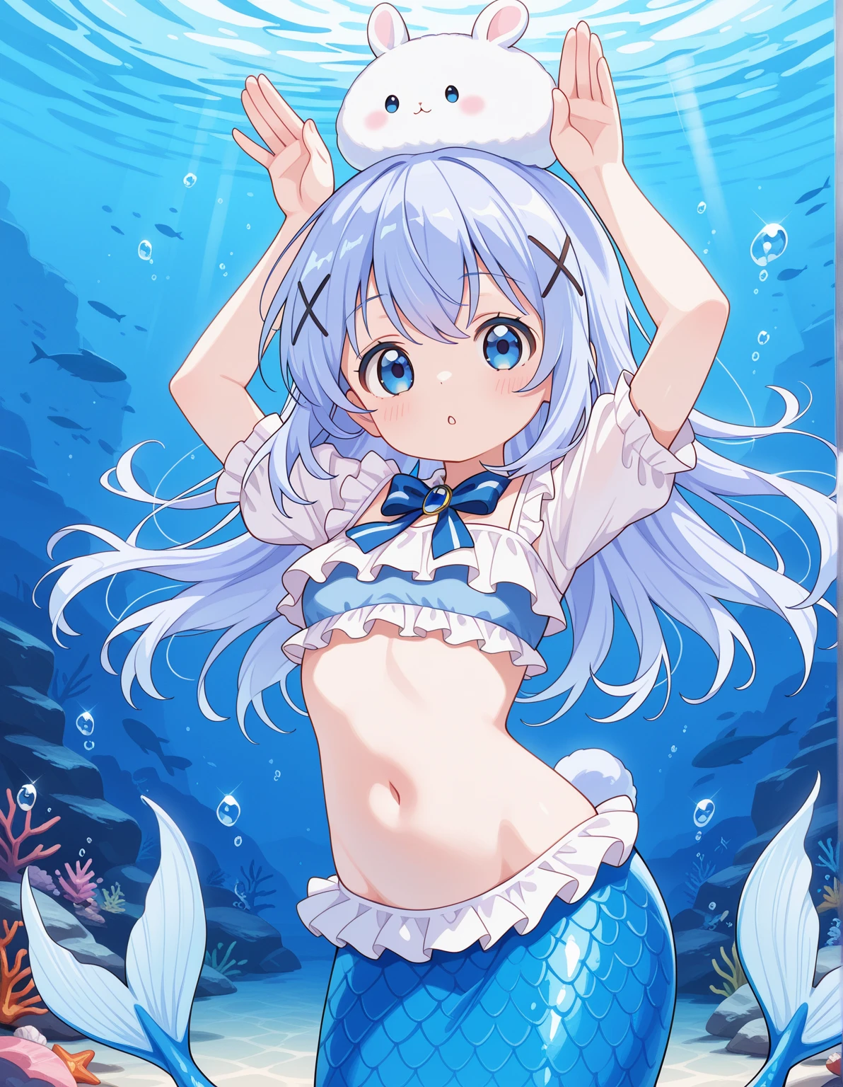 Loli anime girls. Coverd in blue slime. Grinning cute smile. Half naked.