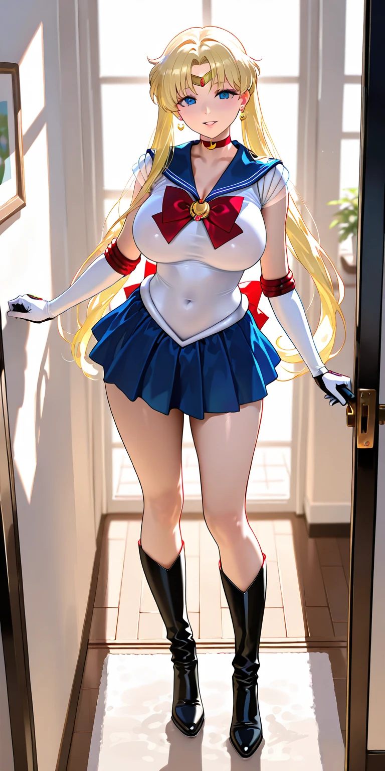 masterpiece, best quality, highres, sv1, sailor senshi uniform, medium breast, smile, open mouth, orange skirt, elbow gloves, tiara, orange sailor collar, red bow, orange choker, white gloves, jewelry,smile, brush, from below, (skirt lift:1.2), standing, white leotard, milf, ornate fabric, leather texture, dramatic lighting, cinematic shot, atmospheric, depth of field, comic style, watercolor style, floating hair, wind, wind lift, shiny hair, bedroom, hotel