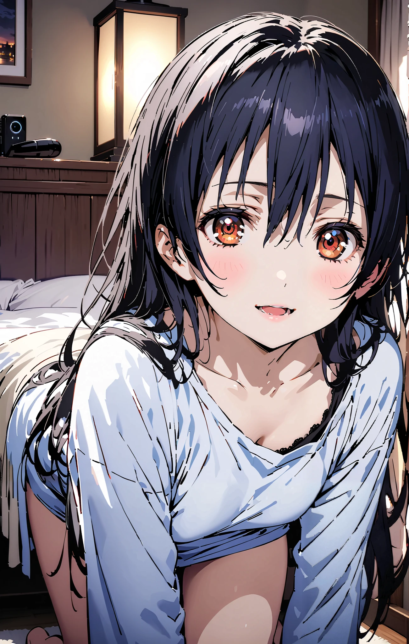 Anime girl with long black hair and blue shirt sitting on bed - SeaArt AI