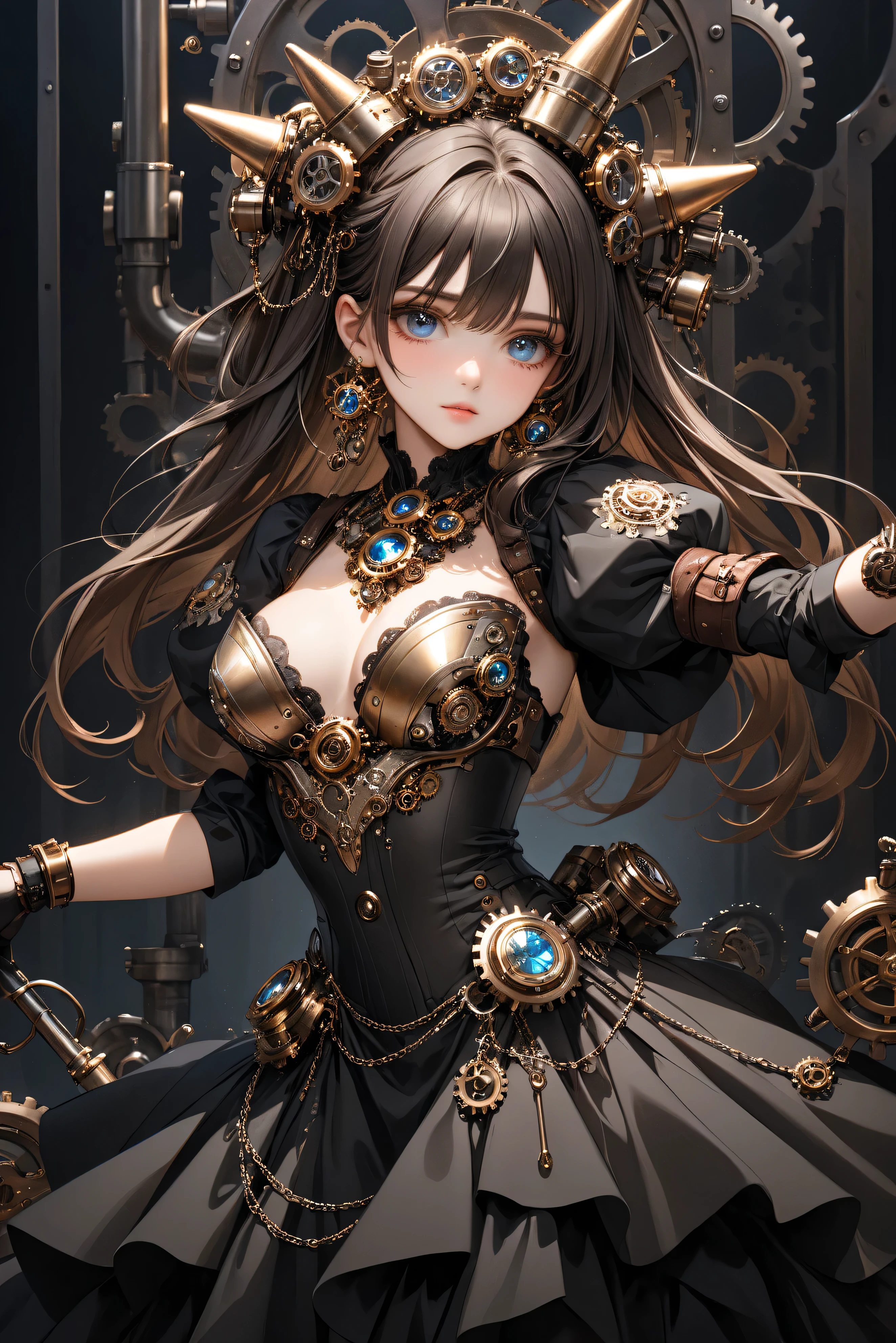 steampunk girl using tools high image quality beautiful eyes Well-groomed Face formal long dresses metal parts