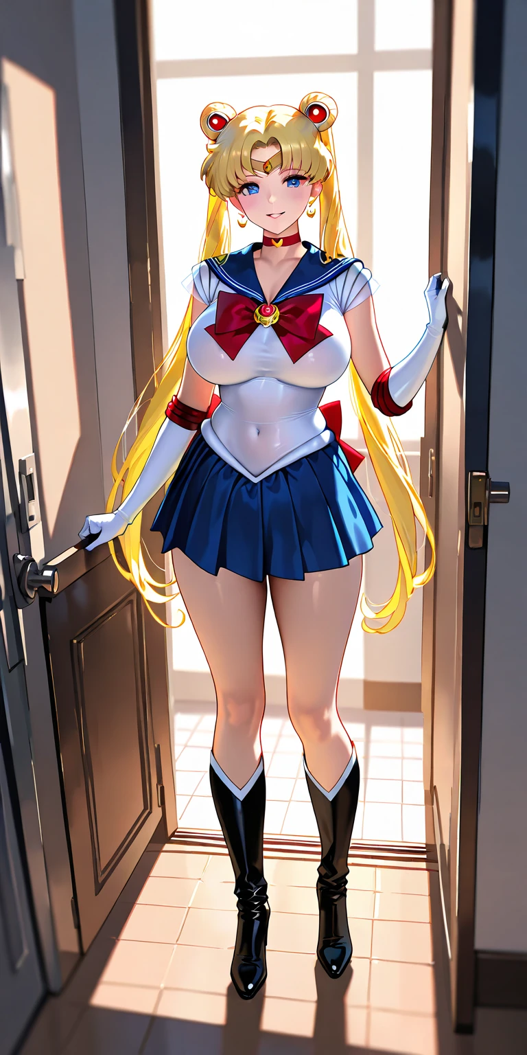 ((full body):1.5), ((1 woman only):1.2), wearing {((Sailor Moon costume, white with blue parts,, extremely tight on the body):1.2)}, has {extremely giant breasts} , {she has purple, short, mohawk hair, blue eyes}, she is looking at the viewer, {look of pure pleasure, expression of pure pleasure, {she is leaning against a pole, doing erotic poses for the viewer}, { Background: very fancy yacht ((full of people with different ethnicities and clothes):1.2)}, 16k, high quality, high detail, UHD
